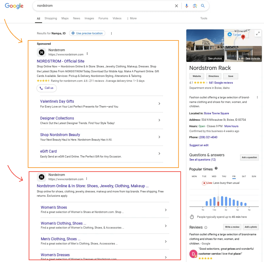 Google SERP showing sponsored and organic positions for the query "nordstrom".