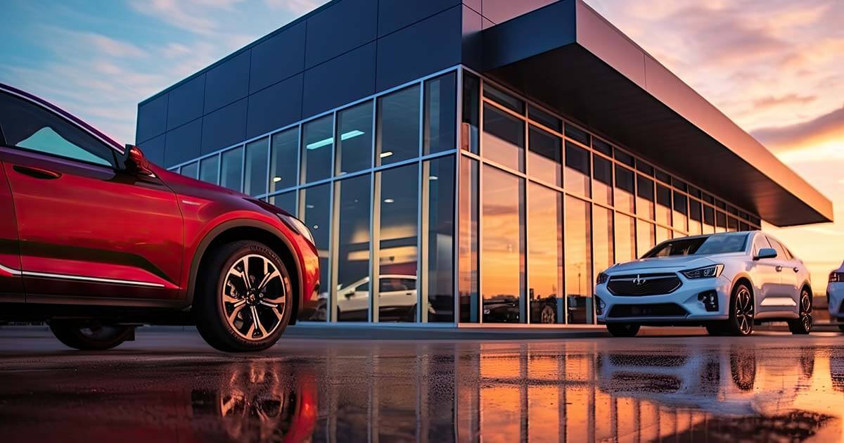 cars parked outside of automotive dealership.