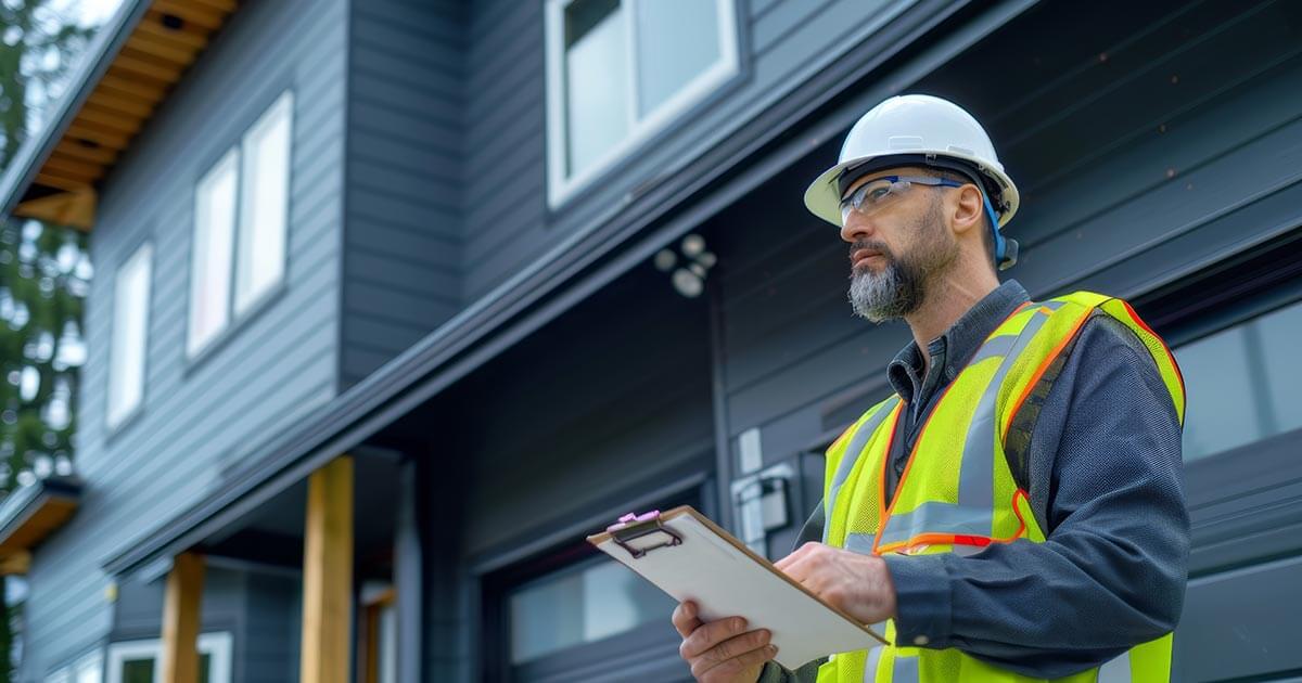 home inspector standing outside a house holding a clipboard.