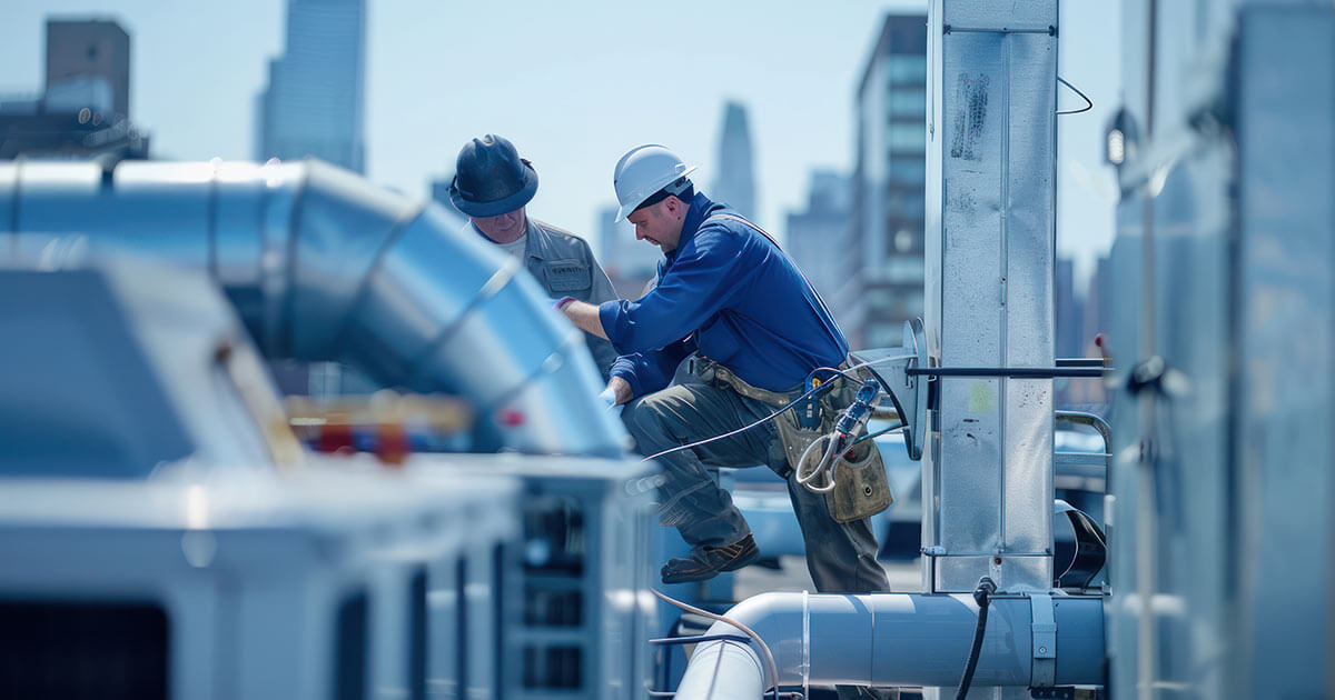 professionals installing HVAC pipe systems on building roof.