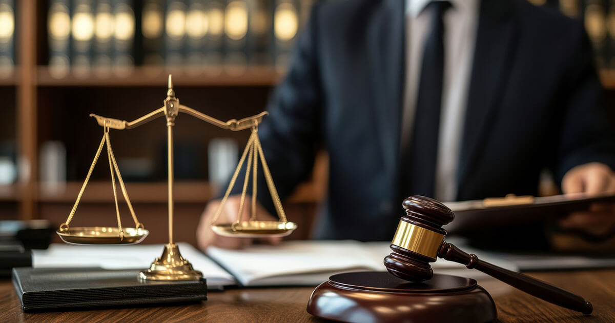 legal professional sitting at desk in law office.