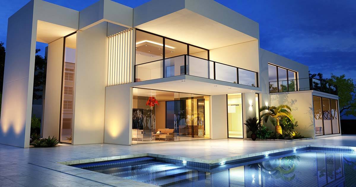 Upscale luxury mansion with pool.