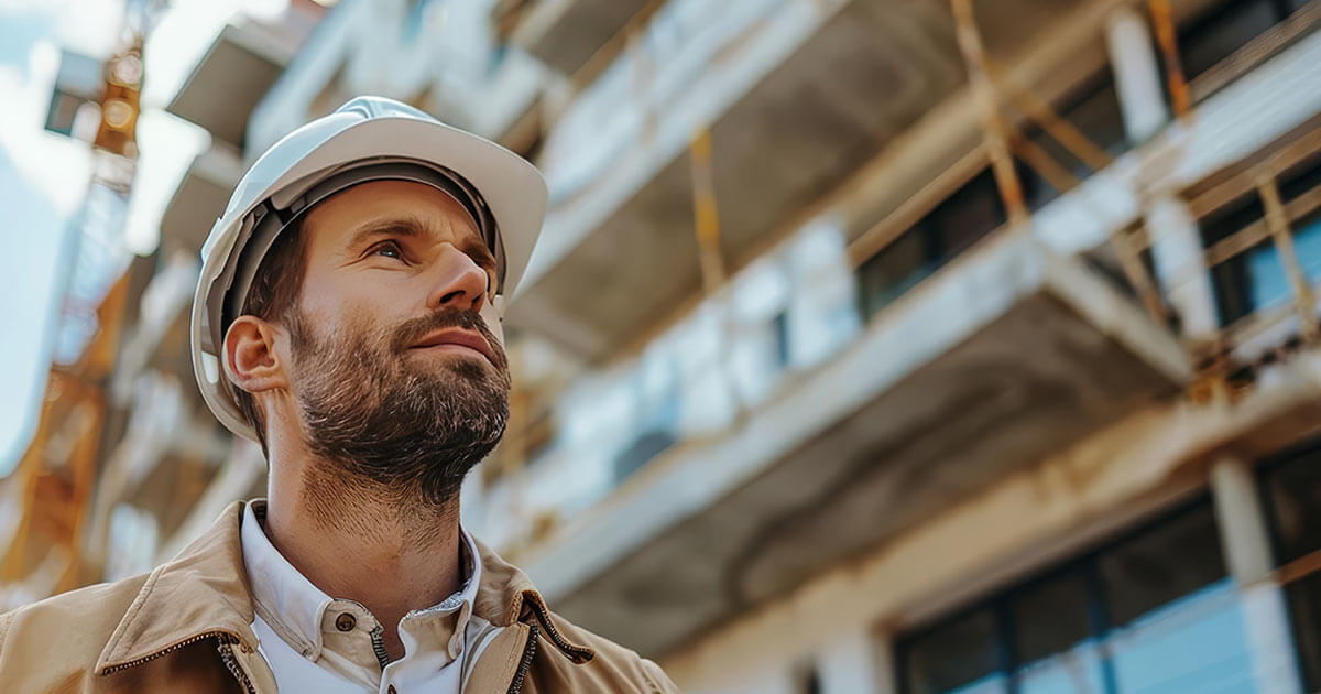 Real estate developer wearing hard hat inspecting a construction site.