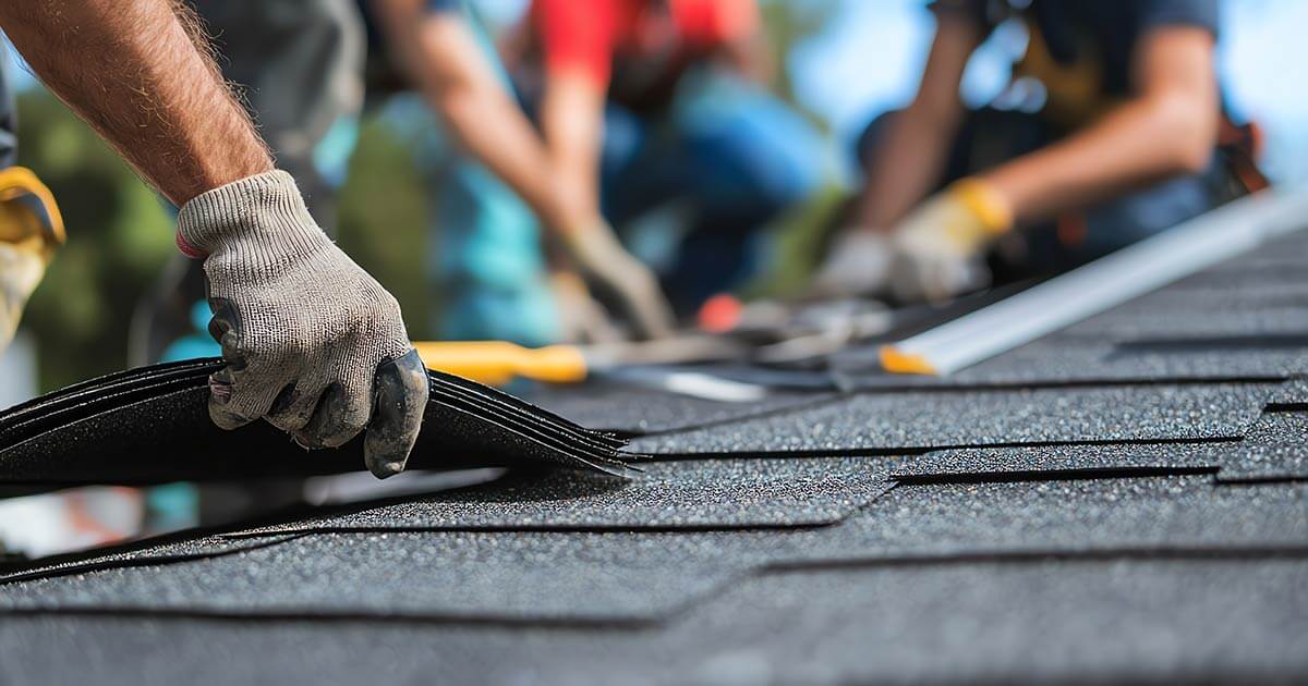 workers installing roofing.