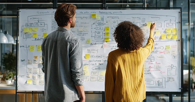An SEO consultant and client standing and collaborating in front of large whiteboard filled with flowcharts and sticky notes.