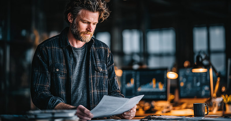 professional sitting in an office reviewing document with tasks to prioritize.