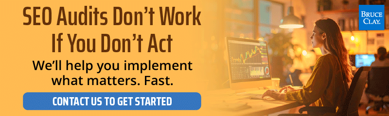 Professional sitting at desk looking at analytics on a computer. Text overlay reads "SEO Audits Don't Work If You Don't Act. We'll help you implement what matters. Fast. Contact us to get started."