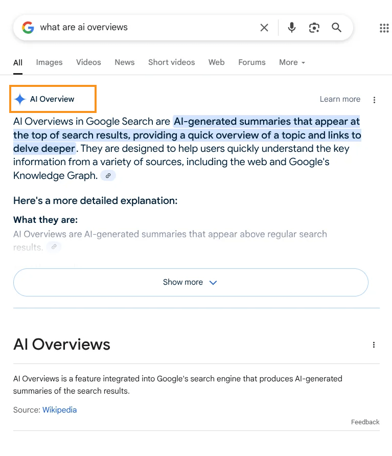 Google AI Overviews for the query "what are AI Overviews."