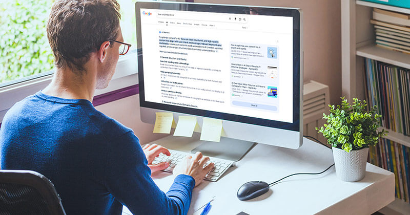 Man reviewing Google AI Overview search results on desktop computer.