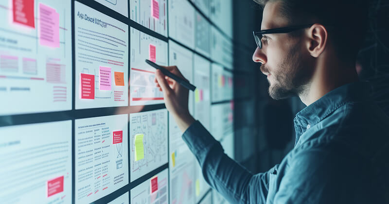 man mapping and prioritizing content on a board.