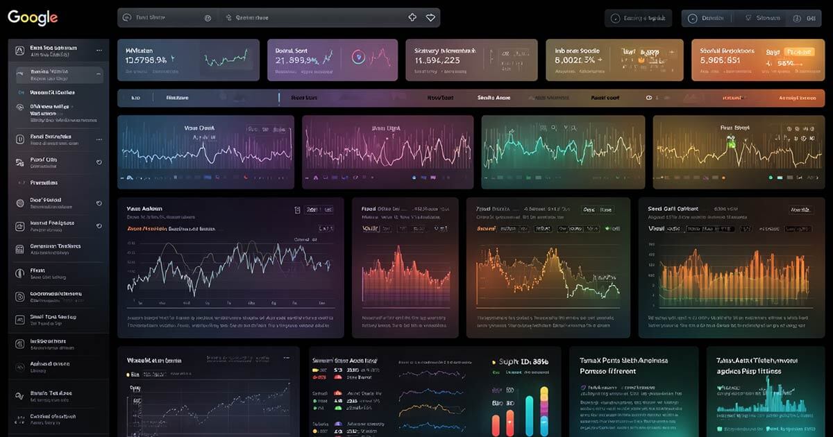 AI-powered search engine interface updating in real time with fluctuating visibility metrics and dynamic Gemini panels.