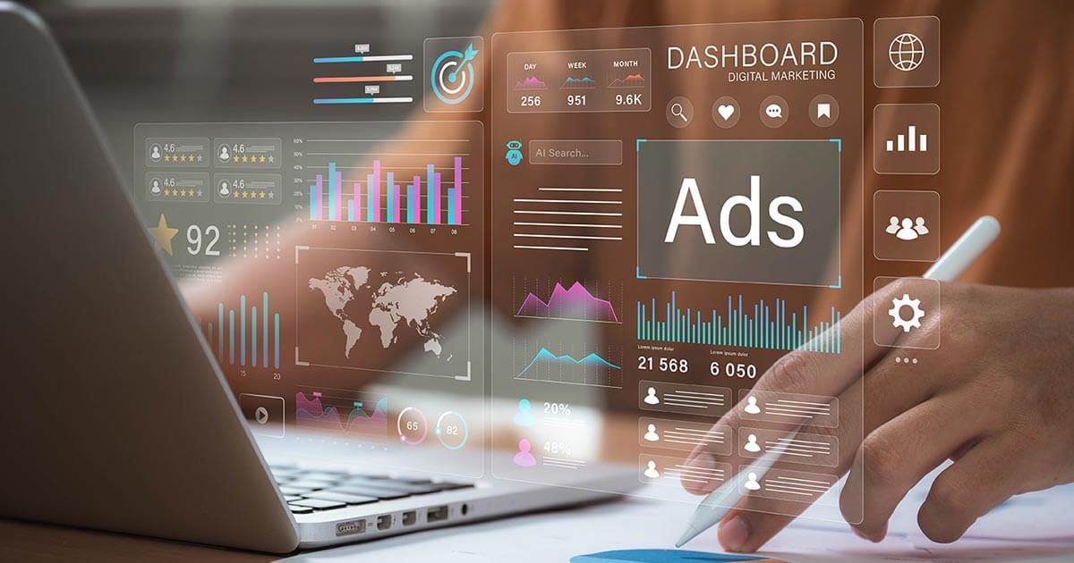 professional analyzes ad performance dashboard, showcasing customer engagement insights, audience targeting, ROI measurement.