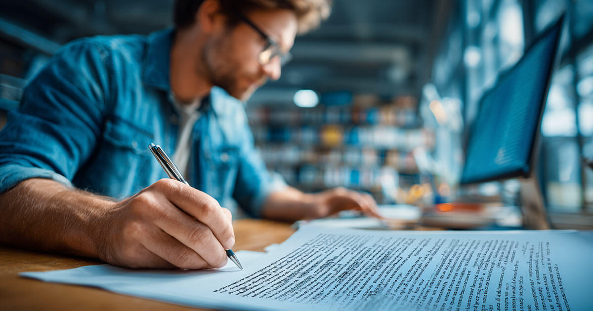 Content writer working on computer writing notes on paper.