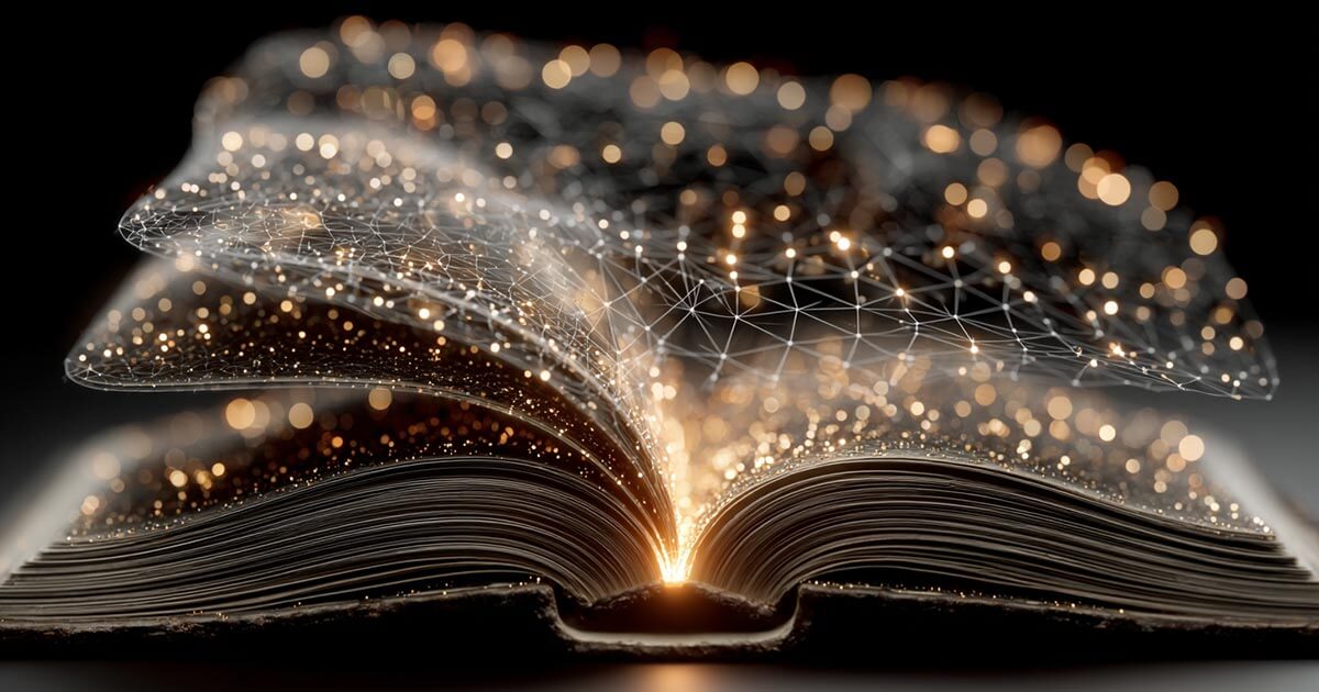 Open book morphing into a digital network.