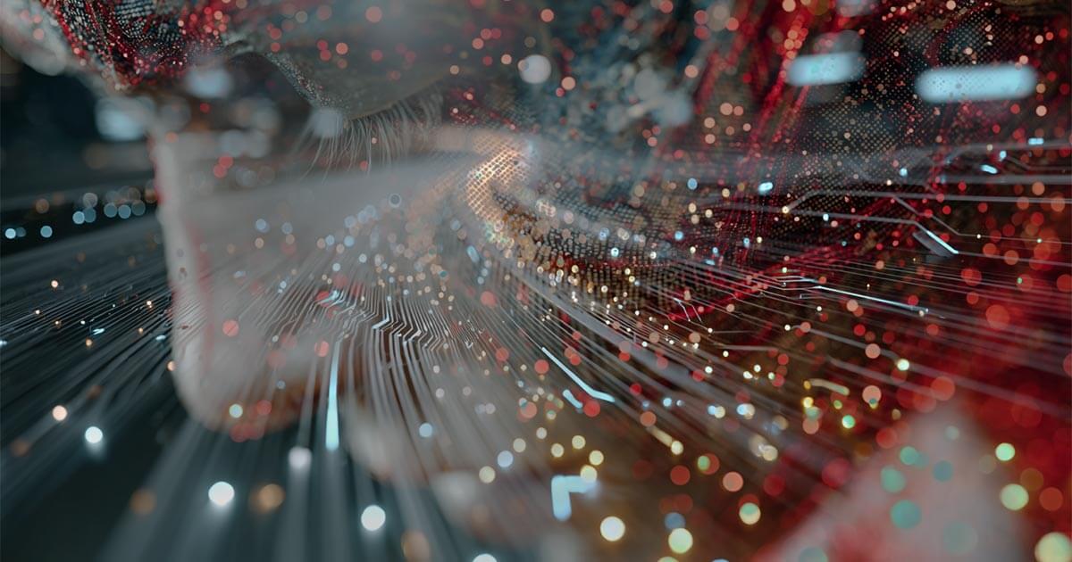 high-tech digital infrastructure blending into the shape of a human face.