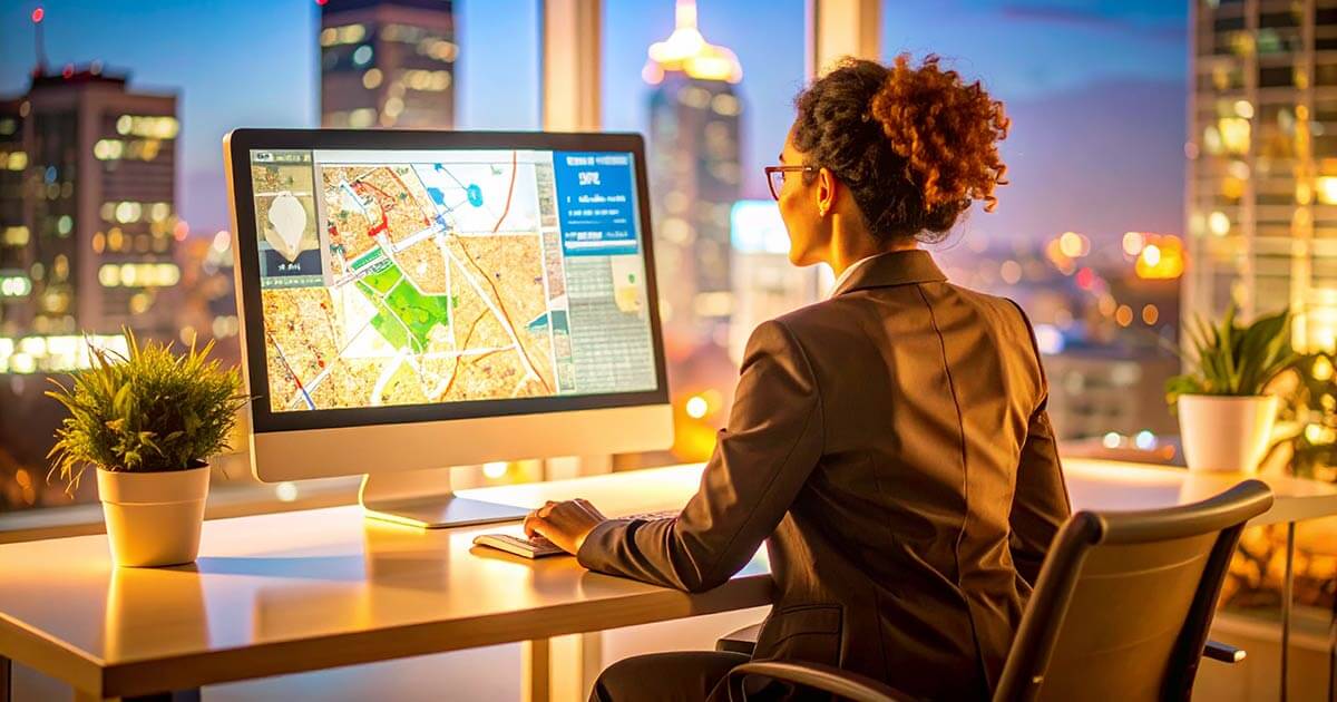 professional sitting at desk reviewing map and local pack search results on desktop computer.