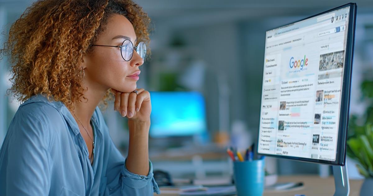 Woman wearing glasses and a blue blouse intently looking at a desktop computer screen displaying a Google search results page, seated in a modern, brightly lit office with a blurred background.