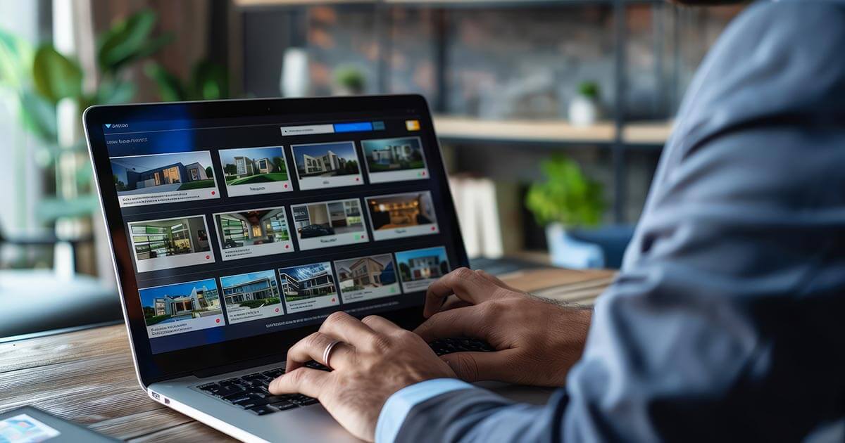 man browsing real estate search listings on laptop.