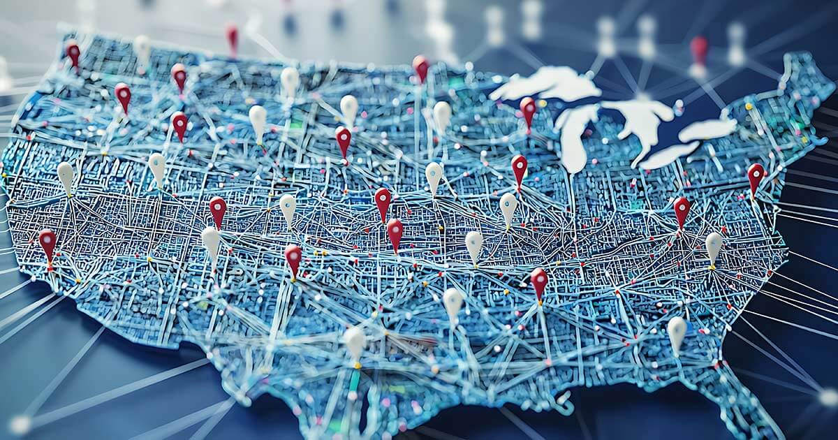 map of United States with pins on different locations, lines connecting each to form a network.