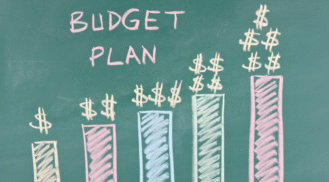 Green chalkboard illustration with the words “Budget Plan” written in pastel chalk above five bar graphs drawn in pink, blue, and green, each topped with increasing stacks of dollar signs to represent rising financial growth.