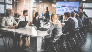 Business professionals seated at a long white conference table with laptops while a presenter points to a world map on a screen at the front of the room.