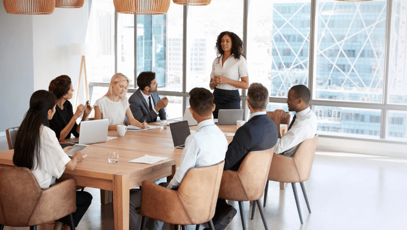 Executives gathered around a conference table listening to a presenter during a business meeting, with city skyline visible through large windows.