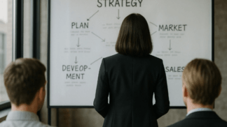 Rear view of a professional in a blazer facing a whiteboard labeled ‘Strategy,’ ‘Plan,’ ‘Market,’ ‘Development,’ and ‘Sales,’ with two colleagues seated in the foreground.