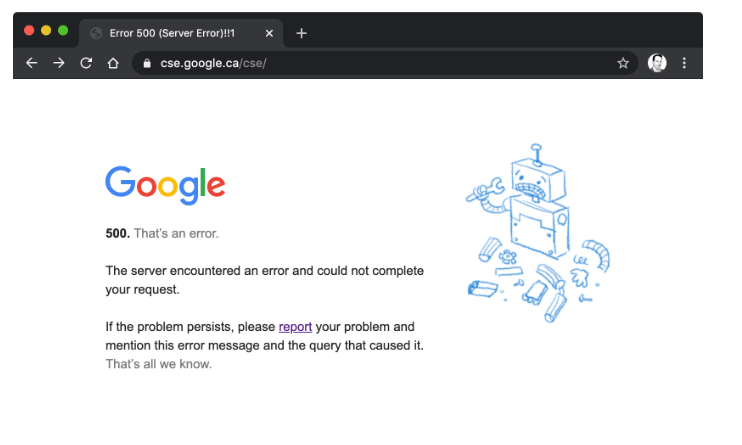 Google 500 server error page displaying server encountered an error message and broken robot illustration