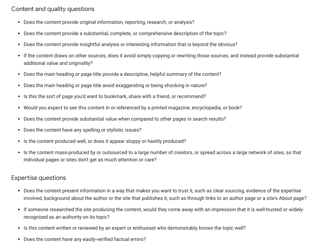 A Thorough Guide on How to Do a Website Content Audit插图3 A text-based document listing self-assessment questions for content quality and expertise, often used for Google's "Helpful Content" guidelines.