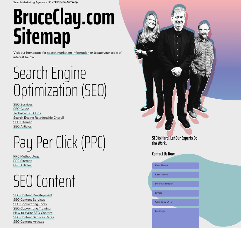 The BruceClay.com sitemap page featuring categories for Search Engine Optimization (SEO), Pay Per Click (PPC), and SEO Content with a contact form and team photo.