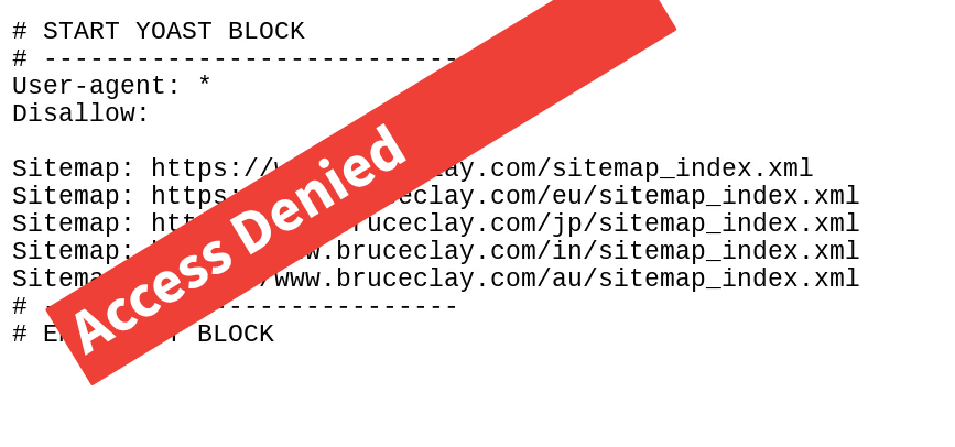 Robots.txt file showing user-agent directive and sitemap entries with access denied warning in Yoast SEO configuration