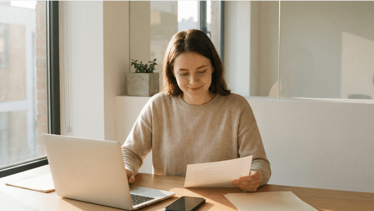 Woman at her computer reviewing a sheet of paper.