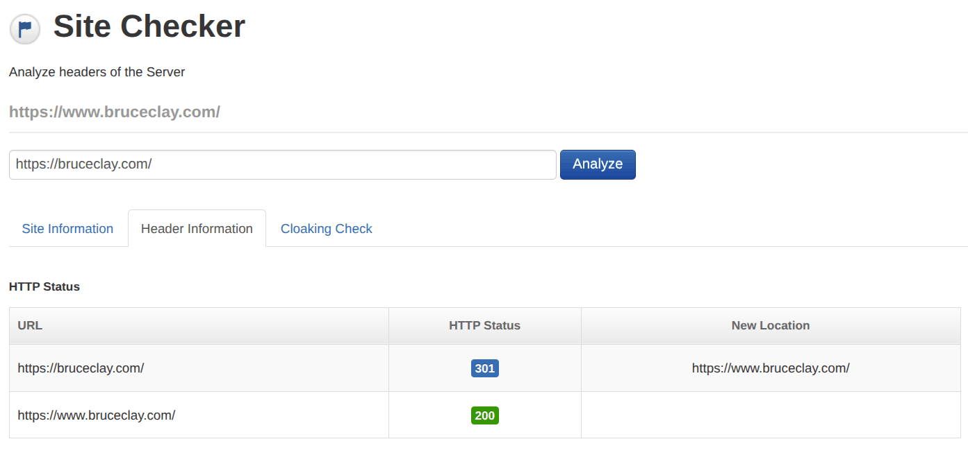 A screenshot of a "Site Checker" tool showing a 301 redirect from the non-www version of a domain to the secure www version.