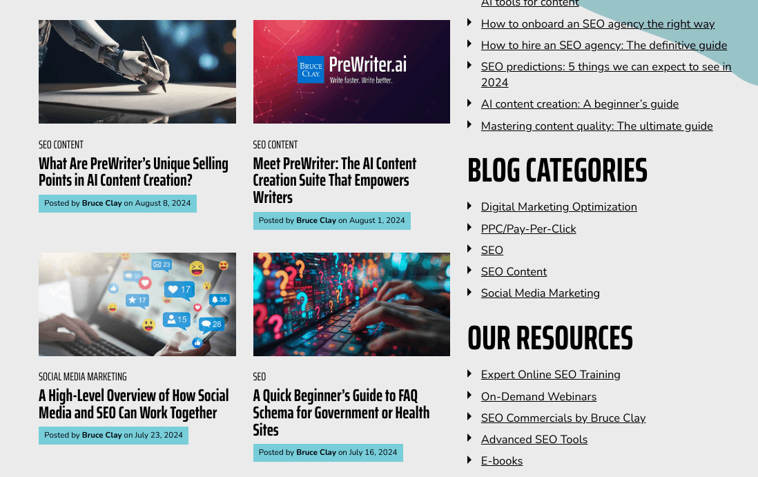 A screenshot of a blog homepage featuring articles about AI content creation and SEO. The sidebar displays "Blog Categories" like Digital Marketing and Social Media, and a "Our Resources" section.
