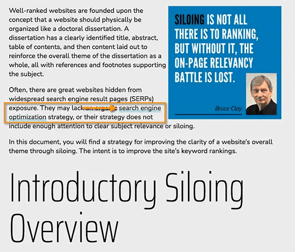 An introductory overview document on website siloing by Bruce Clay, explaining how a well-ranked website should be physically organized like a doctoral dissertation to improve keyword rankings.