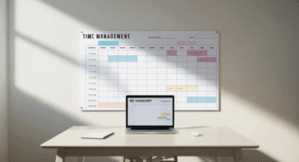 A minimalist home office desk featuring a laptop and a large "Time Management" wall calendar with colorful task blocks.