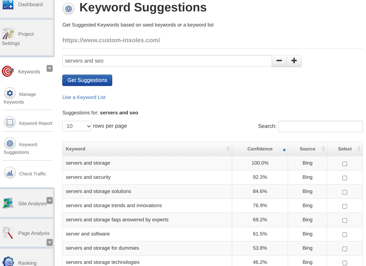 A screenshot of an SEO dashboard displaying keyword suggestions, confidence scores, and data sources for the search phrase "servers and seo."