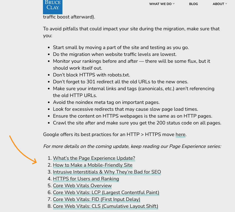 A web page checklist detailing best practices to avoid pitfalls during an HTTP to HTTPS site migration, featuring a list of articles about Google's Page Experience update.