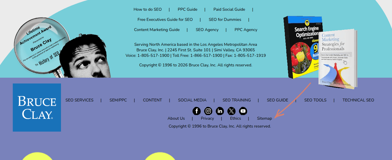 The Always Up-to-Date SEO Checklist插图10 Screenshot of the Bruce Clay website footer with a large orange arrow pointing directly to the "Sitemap" link.