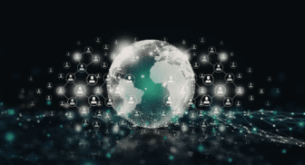 An abstract digital illustration of a glowing globe surrounded by an interconnected network of white lines and human silhouette icons on a dark background, representing a global community or network connectivity.