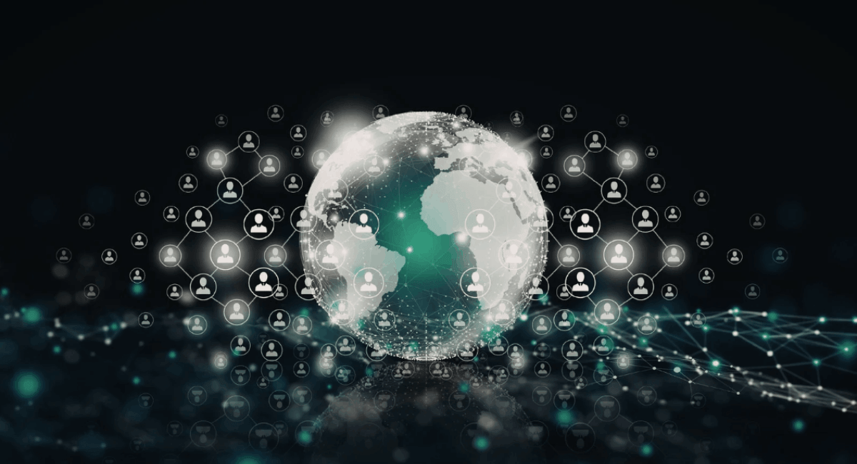An abstract digital illustration of a glowing globe surrounded by an interconnected network of white lines and human silhouette icons on a dark background, representing a global community or network connectivity.