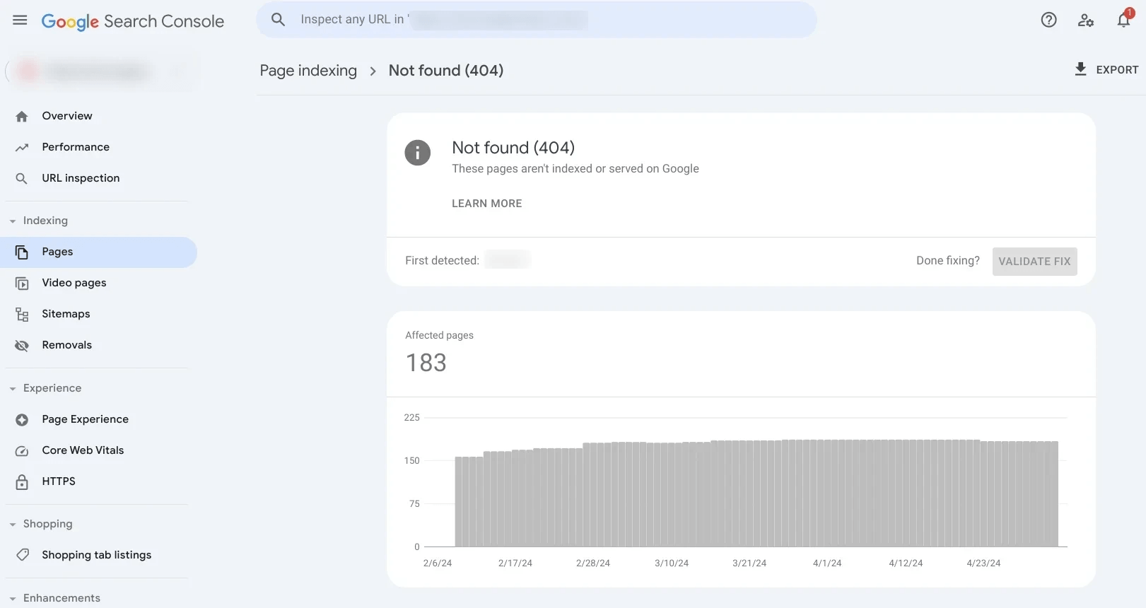 Google Search Console interface displaying the Page Indexing report for "Not found (404)" errors, showing a bar graph tracking 183 affected pages over time.