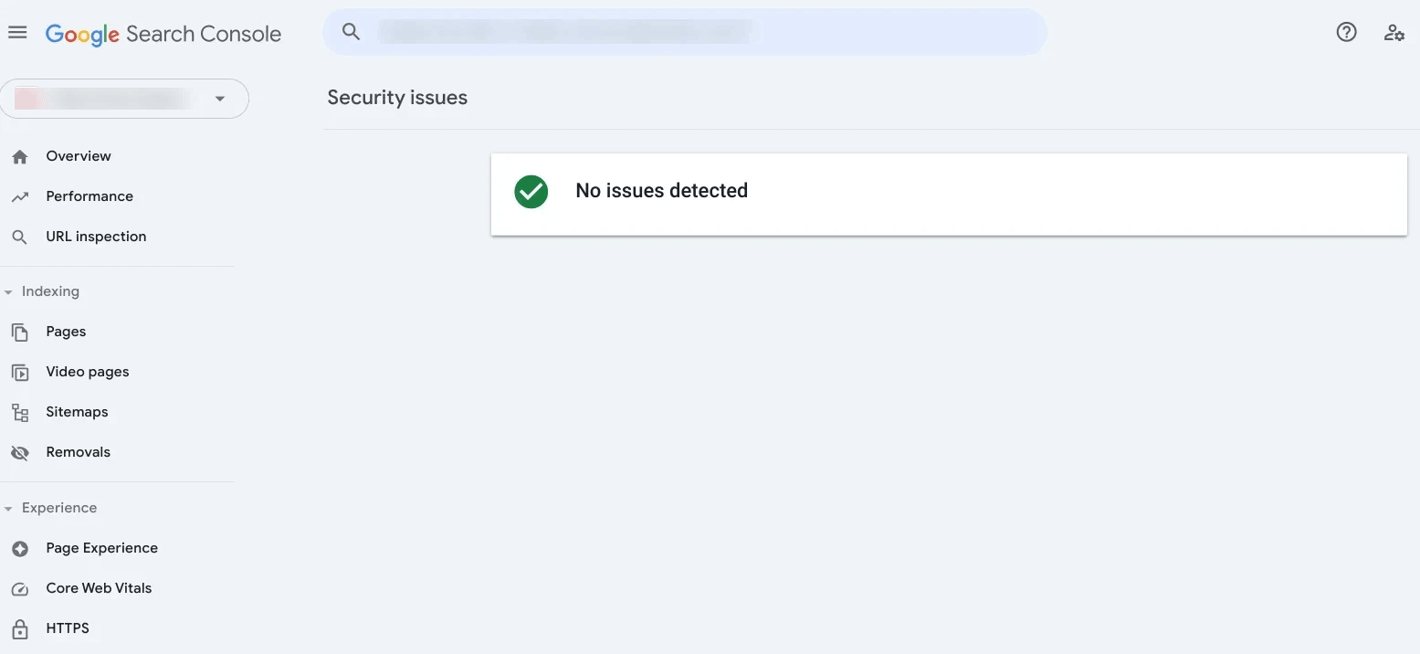 A screenshot of the Google Search Console dashboard under the Security Issues tab, showing a green checkmark icon with the message 'No issues detected.'