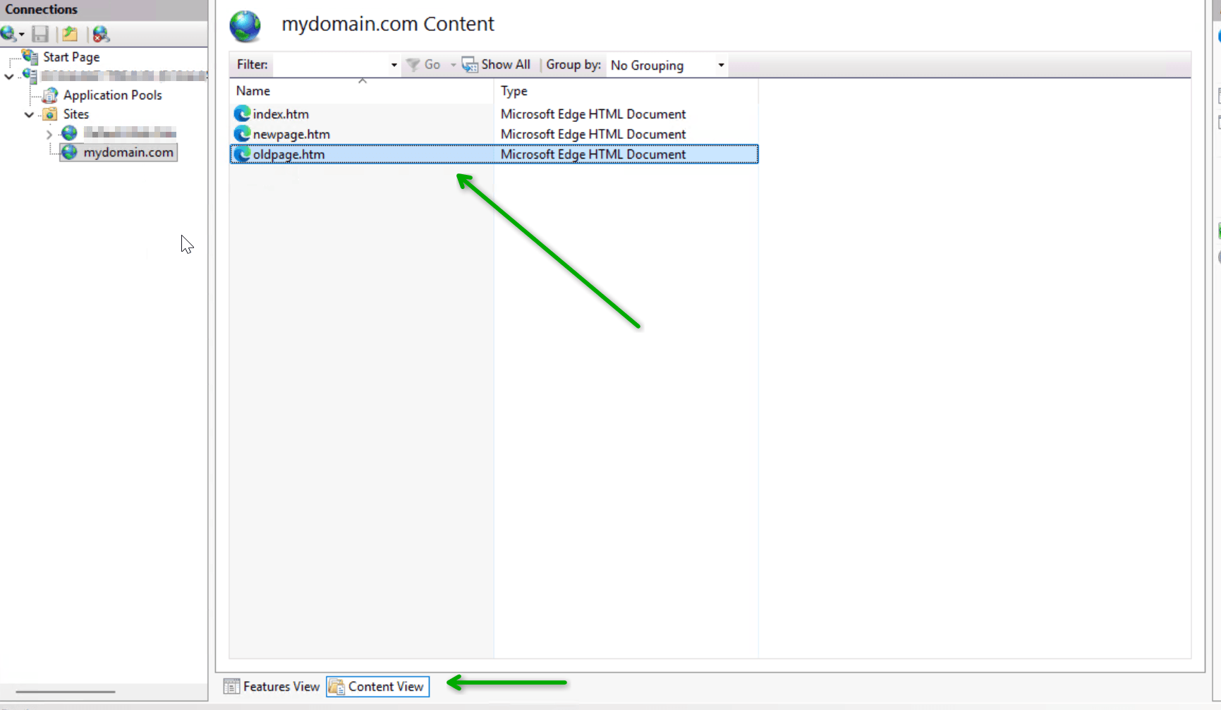 The Content View interface of IIS Manager showing web directory files. Green arrows draw attention to the "Content View" tab at the bottom of the window and the selected "oldpage.htm" file in the directory list.