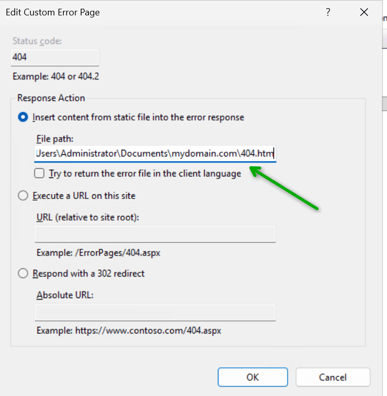 Windows dialog box titled "Edit Custom Error Page" configuring a 404 status code to insert content from a static file path, indicated by a green arrow.