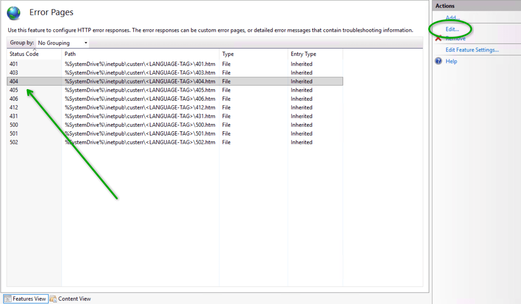 Internet Information Services (IIS) Manager "Error Pages" dashboard showing a list of HTTP status codes, their static file paths, and types. A green arrow points to the 404 status code row, and a green circle highlights the "Edit..." action in the right sidebar menu.