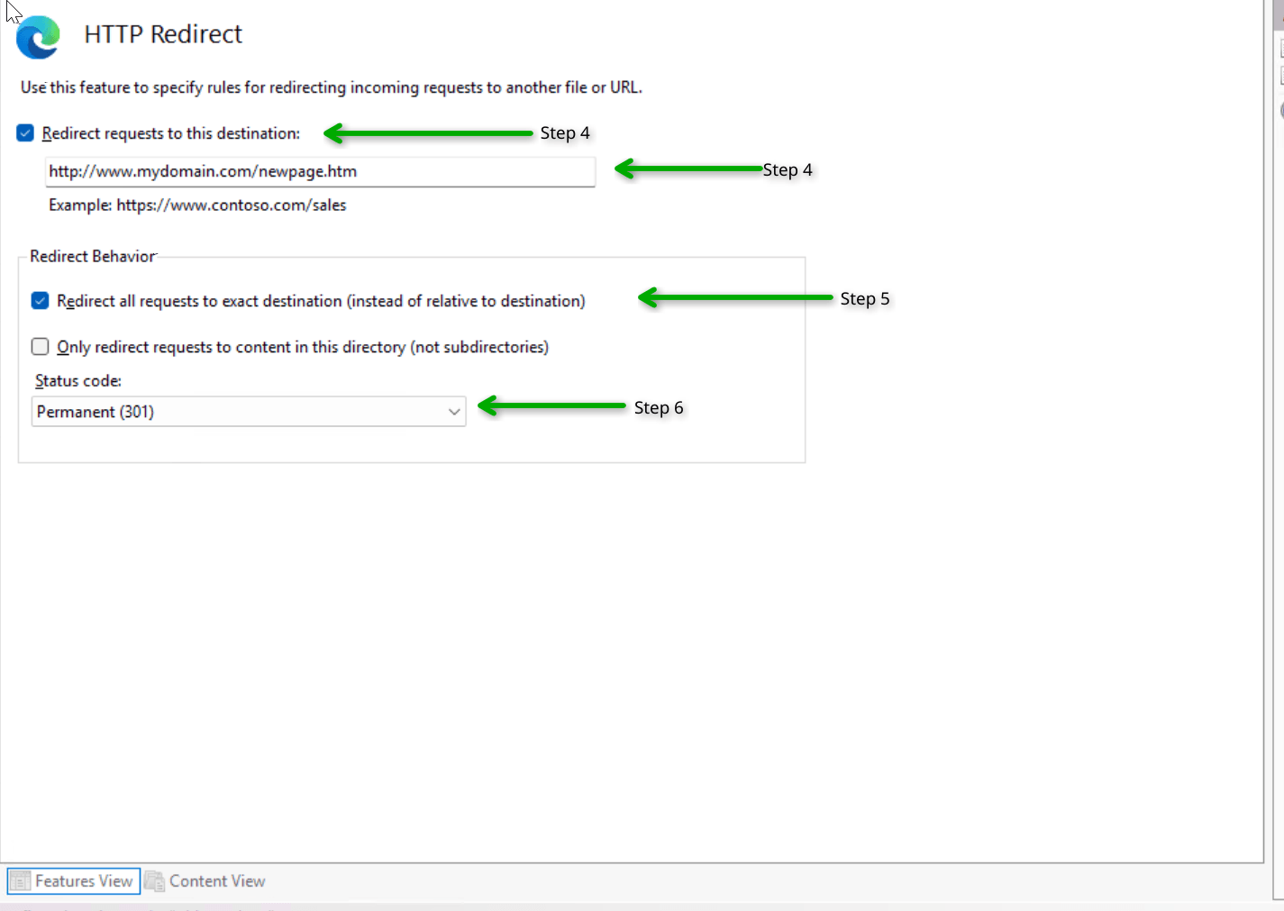 An HTTP Redirect configuration window in IIS. Green instructional arrows highlight Step 4 (destination URL input), Step 5 (checking redirect all requests to exact destination), and Step 6 (selecting a Permanent 301 status code).