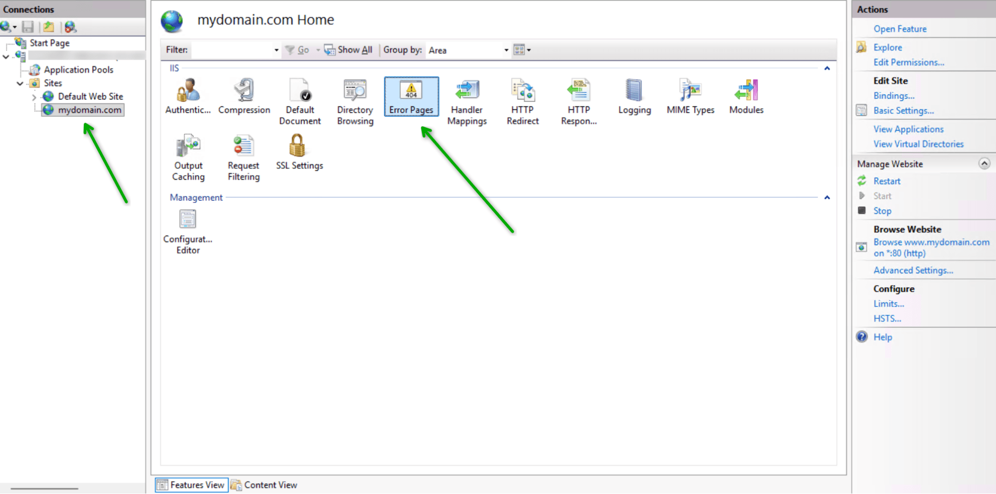 Internet Information Services (IIS) Manager interface highlighting the "Error Pages" option for "mydomain.com" home directory settings, indicated by a green arrow.