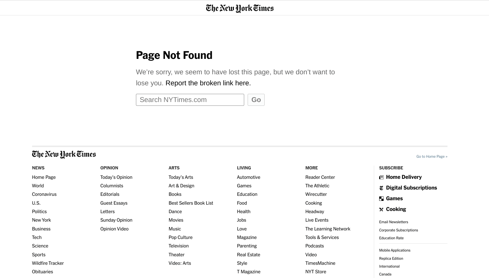 The New York Times custom 404 "Page Not Found" web page, featuring a search bar to search the site and an extensive footer containing links to various sections like News, Opinion, Arts, and Living.