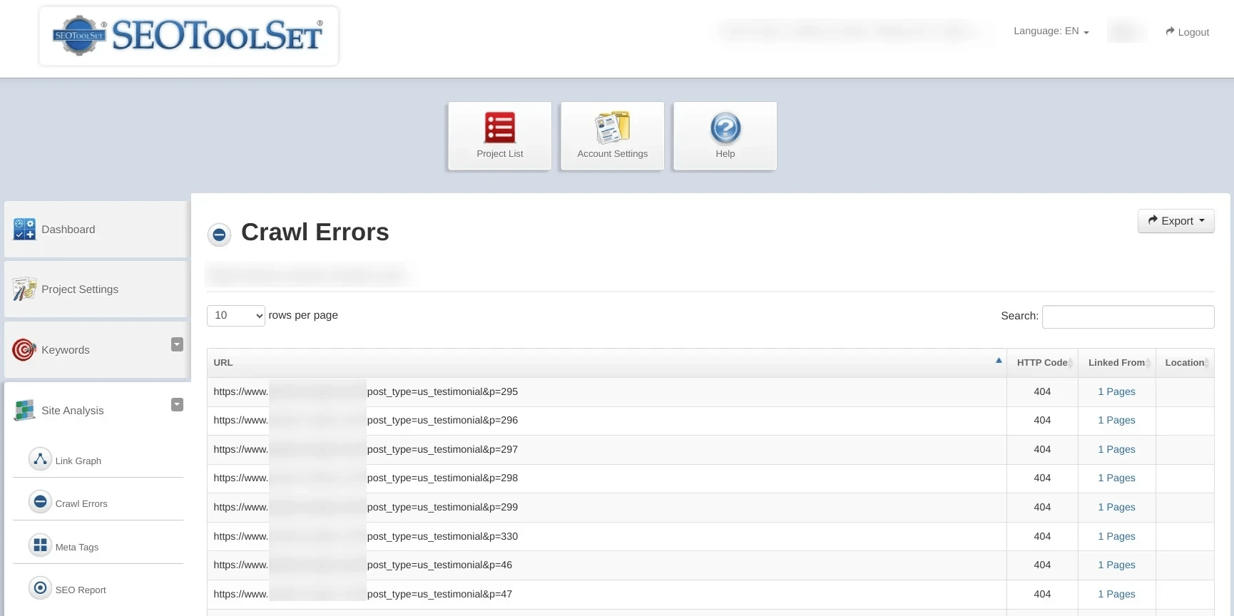 SEOToolSet dashboard displaying a "Crawl Errors" report with a table of blurred URLs showing 404 HTTP status codes and links to the source pages.